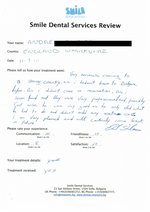 Handwritten patient testimonial from Andrew S. (UK) - Full Mouth Restoration (Smile Makeover) with bridges, crowns and implants, 11 Jul 2014