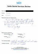 Handwritten patient testimonial from Julian P. - Full Mouth Restoration (Smile Makeover) with bridges, crowns, implants, root canal, 01 Aug 2014