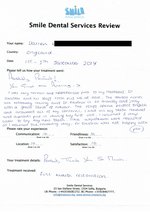 Handwritten patient testimonial from Darren R. (UK) - Full Mouth Restoration (Smile Makeover) with bridges, crowns, implants, 05 Sep 2014