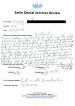 Handwritten patient testimonial from Ronny B. (UK) - Full Mouth Restoration (Smile Makeover) with bridges, crowns and implants (1st visit), 02 Oct 2014