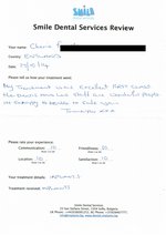 Handwritten patient testimonial from Cherie F. (UK) - Upper Jaw Restoration with implants & permanent porcelain fuse to metal bridge  (2nd visit), 17 Oct 2014