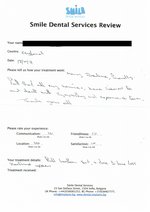 Handwritten patient testimonial from Paul N. - Full Mouth Restoration (Smile Makeover) with bridges, crowns, implants (1st visit), 17 Oct 2014