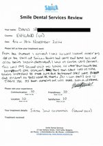 Handwritten patient testimonial from David S. (England) - Upper Jaw Restoration, permanet bridge (PFM) (2nd visit), 14 Nov 2014