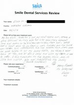 Handwritten patient testimonial from Eileen M. (UK) - Full Mouth Restoration (Smile Makeover) 2nd visit - PFM permanent bridges, 27 Nov 2014