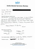 Handwritten patient testimonial from Wilfred M. (England) - Full Mouth Restoration (Smile Makeover) with bridges and implants (1st visit), 19 Dec 2014
