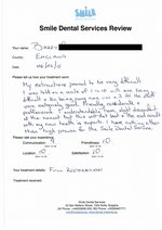 Handwritten patient testimonial from Garry G. (England, age 62)  - Full Mouth Restoration (Smile Makeover) with bridges and implants (1st visit), 06 Mar 2015
