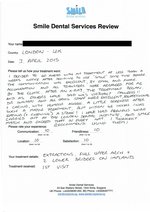 Handwritten patient testimonial from Roy M. (UK) - Full Mouth Restoration (Smile Makeover) with bridges and implants (1st visit), 03 Apr 2015