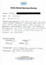 Handwritten patient testimonial from Marian M. (UK) - Full Mouth Restoration (Smile Makeover) with bridges and implants (1st visit)., 20 Apr 2015