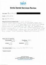 Handwritten patient testimonial from Paul McC. (Ireland) - Full Mouth Restoration (Smile Makeover) with bridges and implants (1st visit), 23 Apr 2015