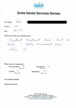 Handwritten patient testimonial from Rob. D (UK) - Full Mouth Restoration (Smile Makeover) with bridges and implants (1st visit), 29 May 2015