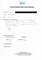 Handwritten patient testimonial from John B (England) - Full Mouth Restoration (Smile Makeover) with bridges and implants (1st visit), 29 May 2015
