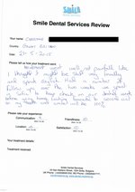 Handwritten patient testimonial from Christine B. (UK) - Full Mouth Restoration (Smile Makeover) with bridges and implants (1st visit), 21 May 2015