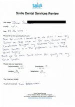 Handwritten patient testimonial from Jason R. (UK) - Full Mouth Restoration (Smile Makeover) with bridges and implants (1st visit), 29 May 2015