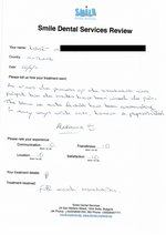 Handwritten patient testimonial from Robert M. (Scotland) - Full Mouth Restoration (Smile Makeover) with bridges and implants (1st visit), 26 Jun 2015
