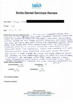 Handwritten patient testimonial from Tina T. (UK) - Full Mouth Restoration (Smile Makeover) with bridges and implants, 17 Jul 2015