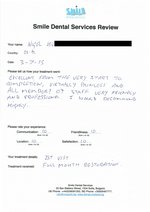 Handwritten patient testimonial from Nigel H. (UK) - Full Mouth Restoration (Smile Makeover) with bridges and implants, 03 Jul 2015