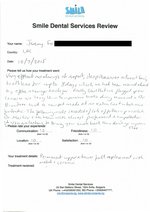 Handwritten patient testimonial from Jeremy F (UK) - Full Mouth Restoration (Smile Makeover) with bridges and implants (2nd visit), 10 Jul 2015