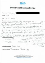 Handwritten patient testimonial from Tracey F. (UK) - Full Mouth Restoration (Smile Makeover) with bridges and implants (2nd visit), 10 Jul 2015